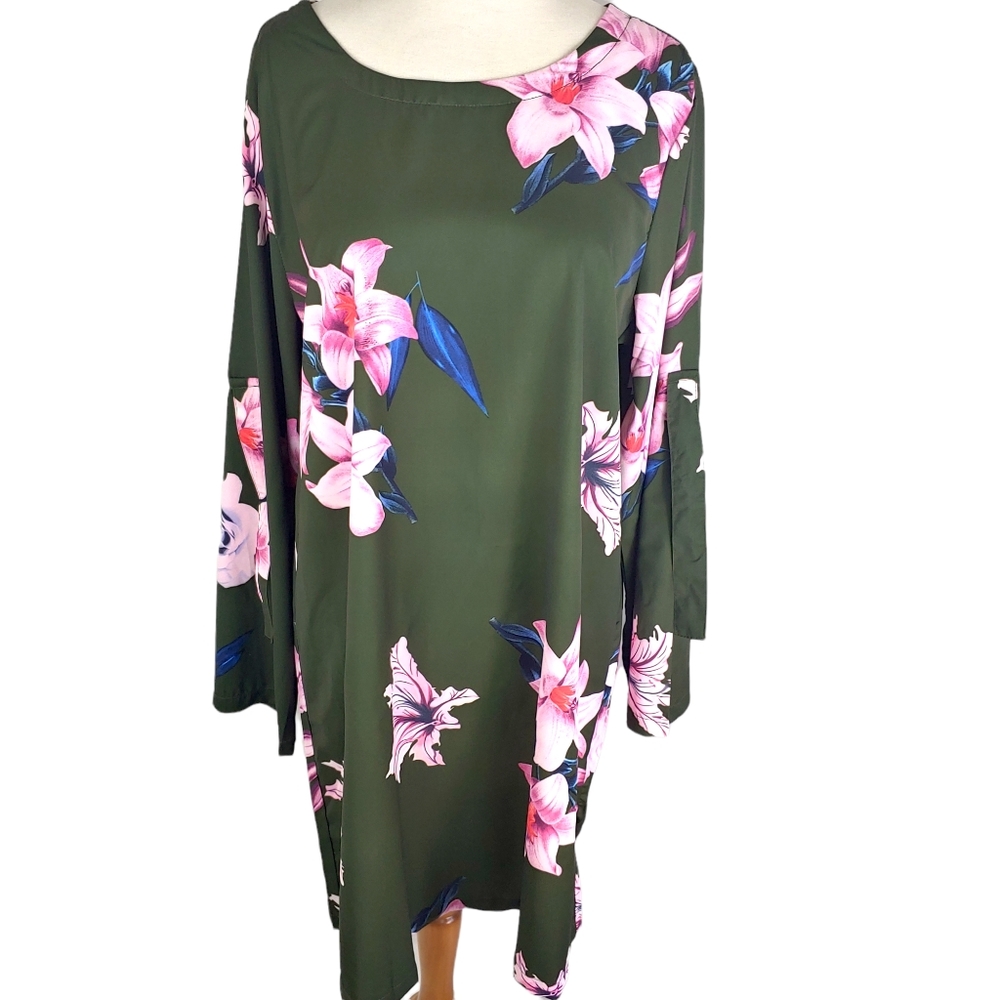 YOINS Women's Pink & Olive Floral Tab Sleeve Shift Dress Size Large